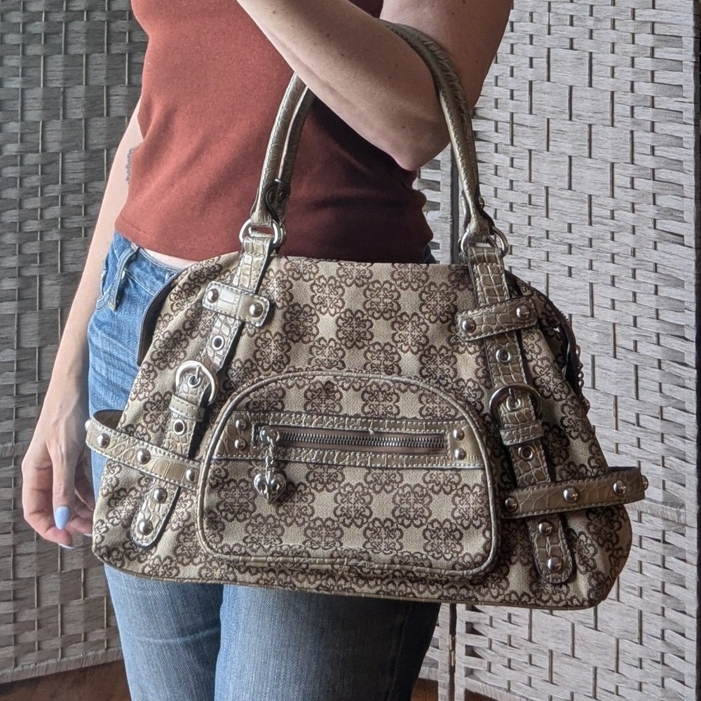 Vtg Y2K Kathy Van Zeeland Satchel Tan Monogram Croc Embossed Metallic Charms